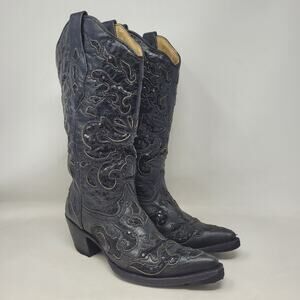 Corral Boots 6M Black Sequin Floral Overlay Leather Western Cowgirl Rodeo A1070